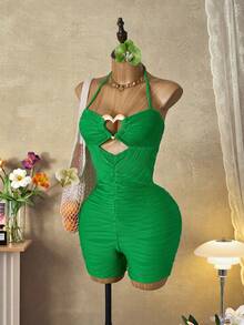 Mistrie Women's Green Cutout Halter Tie Jumpsuit - Multicolor - View 3