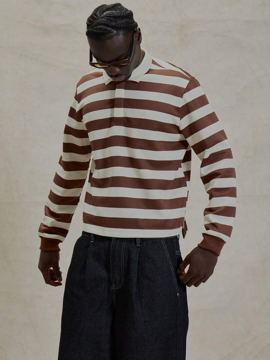 Musero Long Sleeve Regular Fit Collared Contrast Panel Striped Polo Hidden Placket Top Spring Summer Essentials - Multicolor - View 1