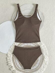 SHEIN Swim Lushore Swim Lushoire 新款女士纯色纹理面料方领贝壳边比基尼套装，沙滩泳装 - 咖啡棕 - 查看 5