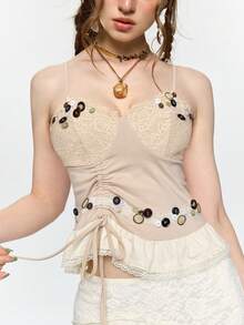 ROMWE Fairycore 蕾丝拼接褶皱不对称纽扣性感女式背心 - 米色 - 查看 6