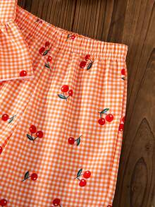 Sparklyn Conjunto informal de camiseta de tirantes con volantes y shorts con estampado de cerezas a cuadros para niña - Naranja - Ver 4