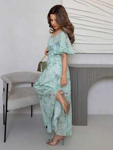 Jemour 女士雪纺蝴蝶蝙蝠袖褶饰可爱法式夏装 - 綠松石色 - 查看 2