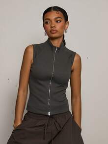 COUREZ Sleeveless Double Ended Zip Thru Jersey Top /Y2K Spring For Women Cute Sexy Top For Women Going Out Party Rave Summer Top Summer - Black - View 5