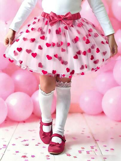 SHEIN Elladie kids Young Girl Valentine's Day Pom Skirt, Red Flocked Cute Heart & Bow Waist, Red Tulle Skirt, Suitable For Sweet & Lovely Daily