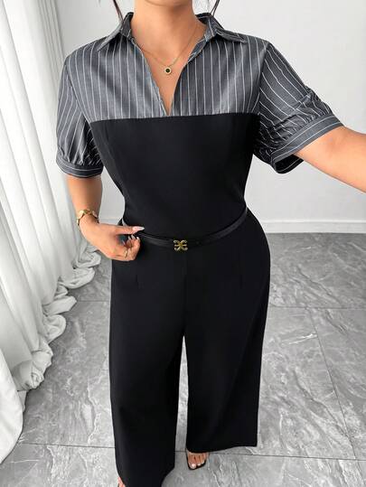 Elenzga Plus Size Women's Spring/Summer Commuter Vintage Striped Patchwork Jumpsuit, Elegant Office Wear Jumpsuit, Commuter Spring/Summer Vacation Patchwork Slim Fit A-Line Flattering Elegant Women's Top, Exclusive New Year Date Jumpsuit Pants, Suitable For Graduation, Holidays, Valentine's Day, Music Festivals, Mother's Day, Halloween, Thanksgiving, Easter, National Day, Dances, Dates, Parties, Weddings, Outings, Etc.