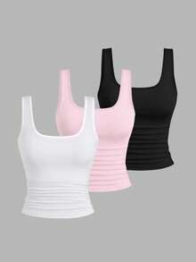 EMERY ROSE Áo tank top cổ tròn xếp ly dáng rộng cho nữ cỡ lớn, Áo tank top thời trang cỡ lớn cho nữ, Bộ 3 áo tank top cỡ lớn cho nữ, Áo tank top mùa hè cho nữ, Bộ 3 áo tank top nữ, Áo tank top gân, Áo tank top bó sát, Áo tank top nữ - Nhiều màu - Xem 1