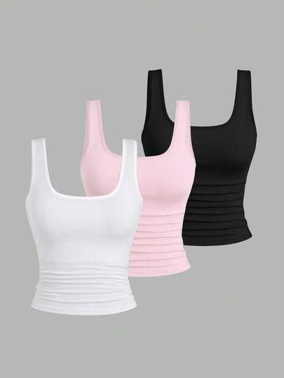 EMERY ROSE Plus Size Women Casual Pleated Round Neck Camisole, Fashion Plus Size Women Top, Plus Size Women Camisole 3-Piece Set, Summer Women Vest Tops Women's Tank Tops 3 Packs Tank Tops Ribbed Tank Tops Tight Tank Tops Tight Tops Tank Tops Women