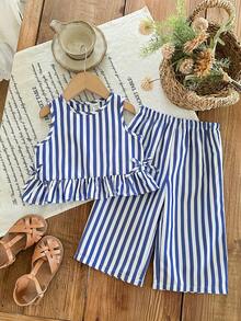 SHEIN Babygirl Vacation Casual Cute Striped Camisole And Elastic Waist Pants Set - Multicolor - View 2