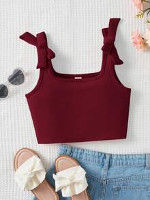 SHEIN Sweet Cute Square Neck Bow Knit Jacquard Camisole For Young Girls, Summer - Burgundy - View 1