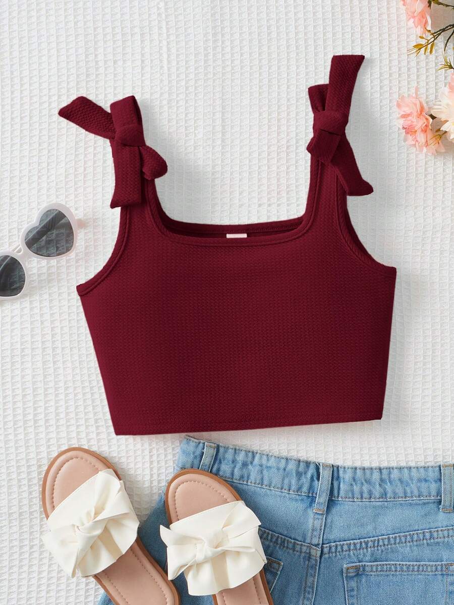 SHEIN Sweet Cute Square Neck Bow Knit Jacquard Camisole For Young Girls, Summer - Burgundy - View 1