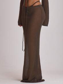Musera Resort Knit Tie Front Maxi Skirt Cover Up Swim Vacation Holiday Summer Travel Beachwear Basics Solid Colour Resort Core Casual Elegant - Coffee Brown - View 4
