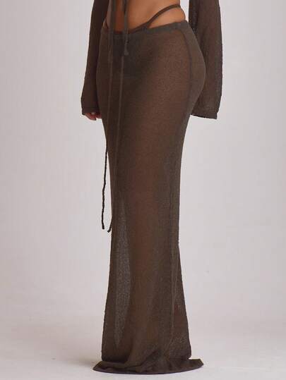 Musera Resort Knit Tie Front Maxi Skirt Cover Up Swim Vacation Holiday Summer Travel Beachwear Basics Solid Colour Resort Core Casual Elegant