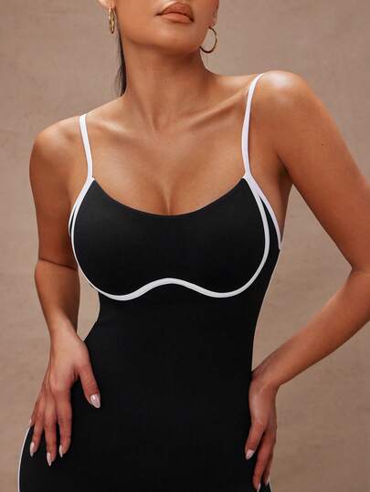 Lumalex Spring Summer Contrast Trim Backless Halter Jumpsuit Comfortable Fabric And Stylish Design Jumpsuit For Women Bodycon Airport Outfit Gym Women Outfit Sexy Sports Jumpsuit Gym Women Outfit