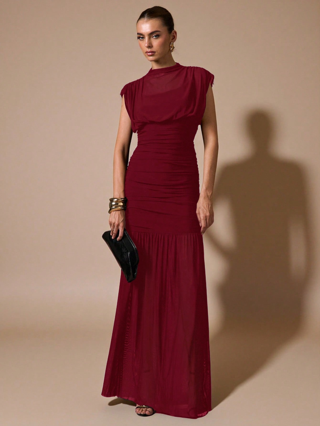 SHEIN BAE فستان شيفون أنيق مجعد باللون الأسود، منا...