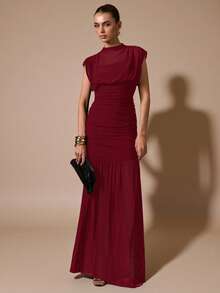 SHEIN BAE 黑色披肩式优雅薄纱褶皱连衣裙，适合浪漫约会、派对、正式聚会、伴娘礼服、女士夏季连衣裙、下午茶会连衣裙、新年、情人节、生日迷你连衣裙、黑色连衣裙 - 酒紅色 - 查看 5