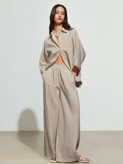 Aveloria GENKIRA Women's 2pcs Casual Blue White Stripe Loose Shirt And High Waist Wide Leg Pants Set Vacation Autumn
