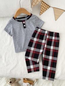 2pcs Baby/Toddler Boys' Casual Gray Short Sleeve Top And Plaid Print Pants Set, Summer Pajamas - Grey - View 7