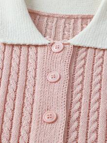 Lyxana Cárdigan de punto casual de mujer con solapa de color contrastante y manga corta de un solo botonadura - Rosa - Ver 3