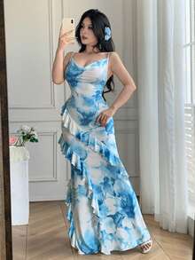 Celisse Robe élégante à volants avec imprimé floral pour femmes - Bleu azur - Voir 1