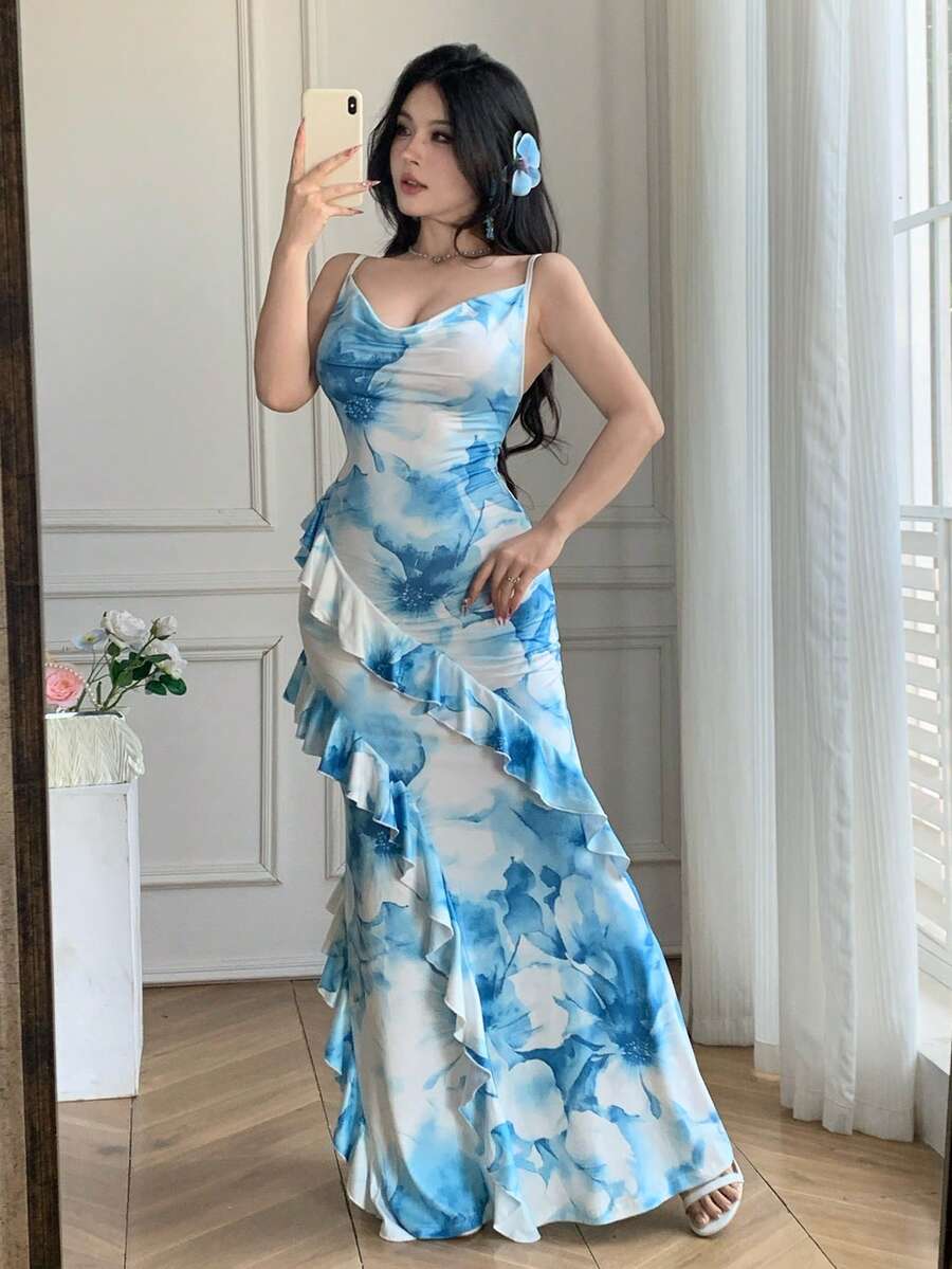 Celisse Robe élégante à volants avec imprimé floral pour femmes - Bleu azur - Voir 1