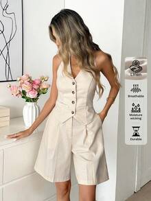 Easowa V领不规则下摆纽扣前襟无袖衬衫上衣搭配拉链口袋阔腿七分短裤套装，休闲宽松优雅OL风，春夏款 - 杏色 - 查看 3