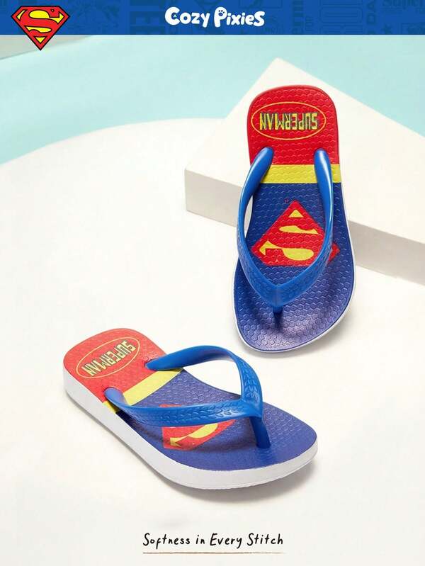SUPERMAN X Cozy Pixies 1 Pair Summer Print Non-Slip Breathable Round Toe Flip Flops Toddler/Kids Beach Sandals