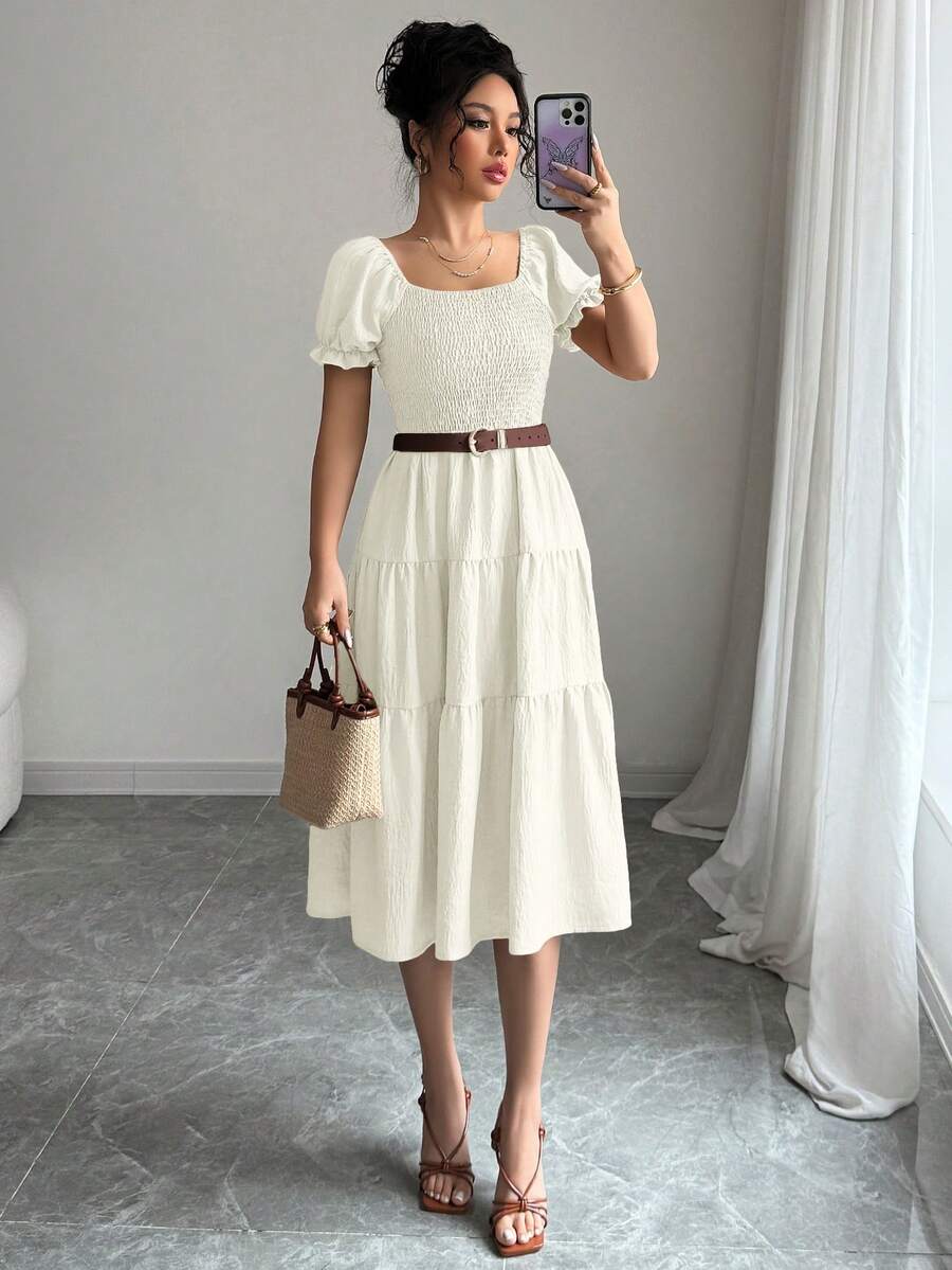 Elenzga Đầm nữ màu trơn thường ngày, đầm dài tay ngắn cổ vuông màu kaki, đầm dáng chữ A rộng rãi, thắt eo, thích hợp cho kỳ nghỉ. - Pearl White - Xem 1