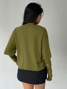 Aloruh Kaos Wanita Kasual Warna Polos Kerah Bulat Pas Badan, Kaos Patchwork Renda Manis - Hijau Tentara - View 2