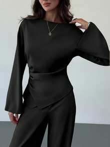 Aloruh 极简杏色办公室穿搭：女士褶皱喇叭袖衬衫 + 超长直筒阔腿裤 - 黑色 - 查看 6