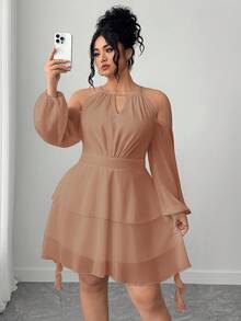 Elenzga Plus Size Women's Open Shoulder Solid Color Keyhole Neck Lantern Sleeve Dress - Khaki - View 1