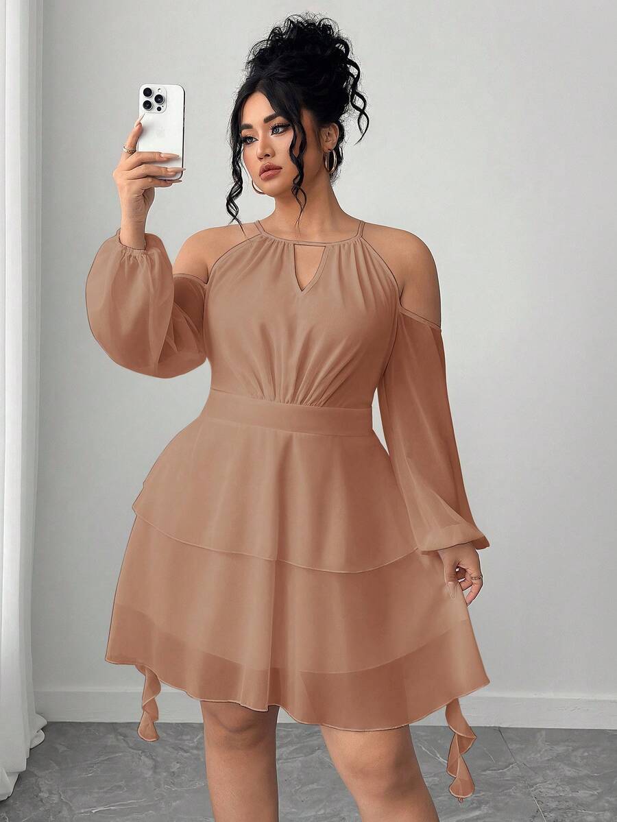 Elenzga Plus Size Women's Open Shoulder Solid Color Keyhole Neck Lantern Sleeve Dress - Khaki - View 1