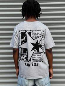 SHEIN Áo thun tay ngắn cổ tròn tối giản dành cho bé trai tuổi teen, phong cách vintage, họa tiết tranh sơn dầu cổ điển, hình ngôi sao trừu tượng ở mặt sau, thích hợp cho mùa hè. - Xám - Xem 7