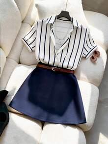 GlowEve 女士休闲通勤条纹开衫衬衫和高腰A字裙两件套，春夏款 - 藏蓝色 - 查看 3