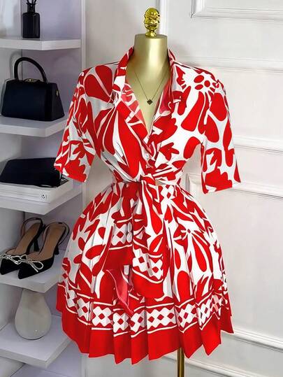 Xyvia Women's Red Digital Print Fabric Turndown Collar Tie Waist Shirt Dress With Pleated Hem, Elegant And Sophisticated, Suitable For Birthday, Date, Party, Valentine's Day, Labor Day, Easter, Casual, Travel, Spring/Summer