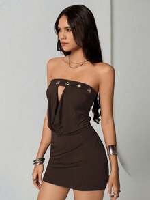 TRNVIE 1 chiếc đầm hai dây croptop khoét rỗng màu đen với khoen kim loại, đầm mini ôm sát hở lưng gợi cảm cho tiệc tùng, trang phục thường ngày, đầm màu nâu sô cô la thu đông dành cho nữ, đầm ôm sát, đầm không dây vai - màu nâu - Xem 7
