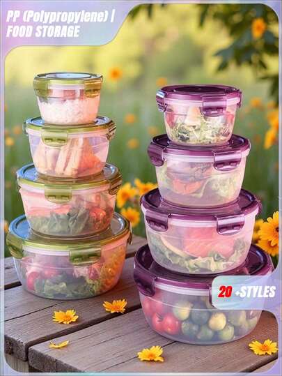 SHEIN 紫色和绿色透明密封食品储存容器，带盖圆形保鲜容器，保持食物新鲜的最佳食品容器，塑料搅拌碗，可堆叠防漏可重复使用的厨房储存容器，适用于微波炉、冰箱和洗碗机，适合储存欧芹、水果、面包、鸡蛋等。