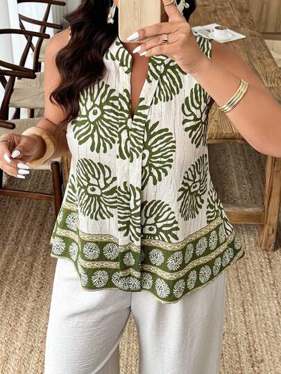 Weeklong Plus Size Women's Casual Round Neck Sleeveless Random Print Shirt, Suitable For Vacation And Daily Wear, Spring/Summer
