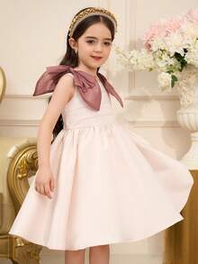 SHEIN 少女腮紅粉色無袖洋裝，優雅正式派對禮服，適合夏季、7歲生日、提花太陽裙配蝴蝶結裝飾、淡雅茶會 - 香檳色 - 查看 3