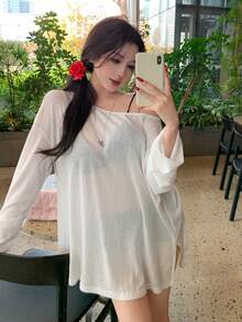 DAZY Áo thun nữ dáng rộng, vai rớt, xẻ tà, màu trơn, thích hợp cho mùa hè. - trắng - Xem 7