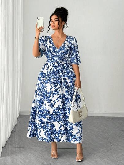 SHEIN Elenzya Blue And White Floral Print V-Neck Midi Dress With Puff Sleeves Lightweight, Flowing Fabric A-Line Silhouette With Self-Tie Waist Vacation Dress