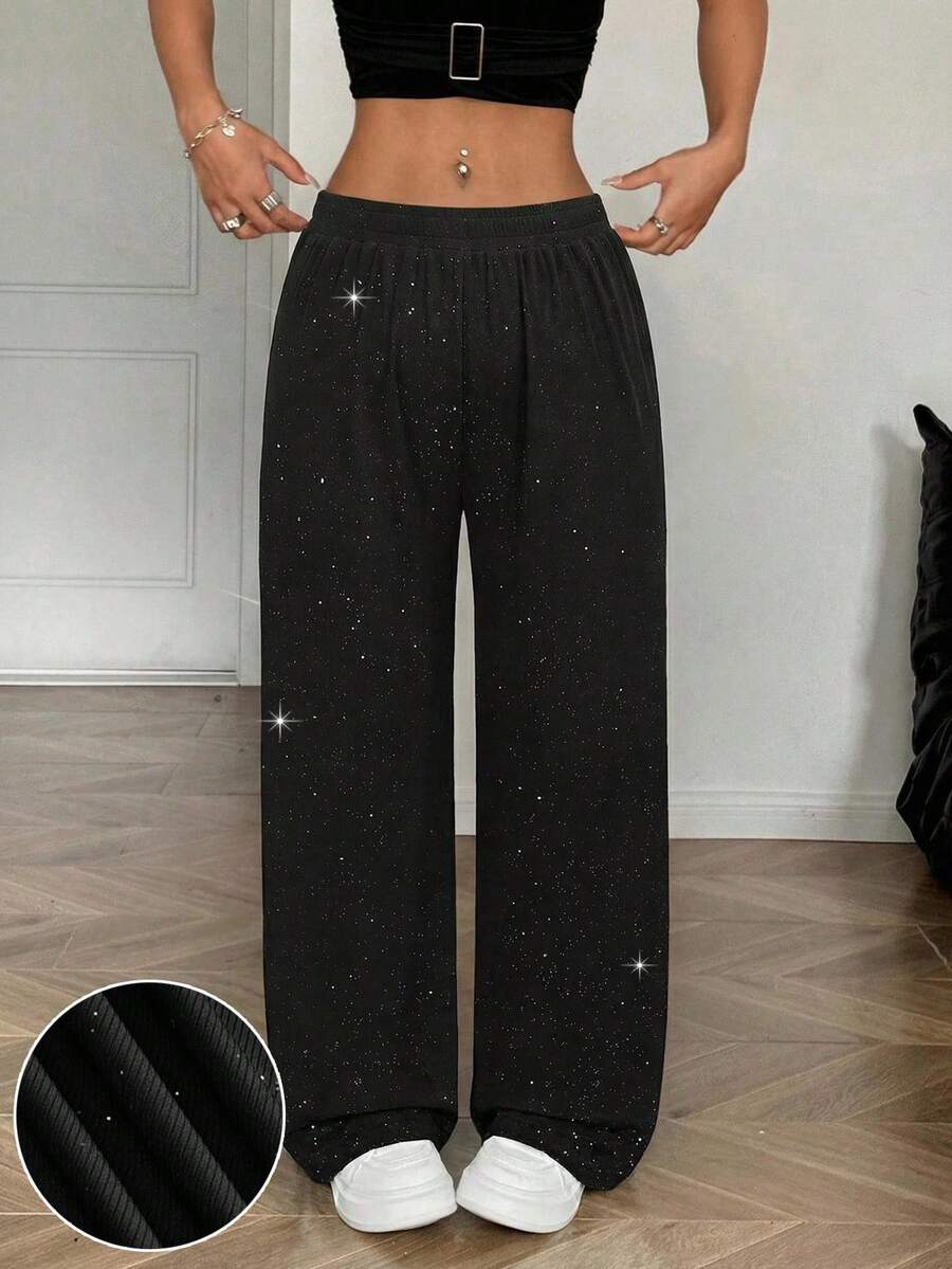 SHEIN EZwear 春季休闲简约亮片印花黑色大码女式宽松长裤,Y2K风格,音乐节 - 黑色 - 查看 1
