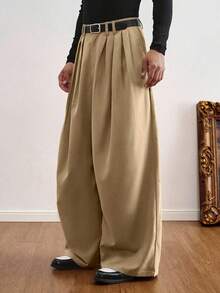 TOKVUE 男士阔腿裤，男士褶裥西装裤，热销INS风长裤，男女通用款，首尔风长裤，休闲纯色宽松阔腿裤，前缝设计，日常男友/老公礼物，周年纪念礼物 - 卡其色 - 查看 4