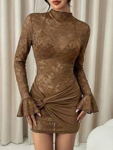 SHEIN PETITE Burgundy Sexy See-Through Lace Mini Dress, Suitable For Daily Dating, Night Out, Nightclubs, Parties, Get-Togethers, Cocktail Parties, Pool Parties, Autumn/Winter Brown Elegant Dress Women Brown Sexy Dress Slay Diva Dress Coffee Brown Dress Long Sleeve Elegant Dress - Chocolate Brown - View 5