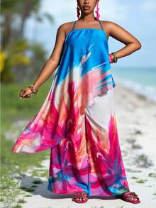 Slaydiva Spring/Summer New Music Festival, Easter, St. Patrick's Day, Western, Nomadic, Birthday Party, Graduation, College, Student, Daily Casual, Basic, Leisure, Cruise Travel, Beach, Sunbathing, Viral , Streetwear, Wedding Guest Boho, Commute, Brunch, Airport, Party & Holiday Floral Print Loose Top And Wide Leg Pants Plus Size 2-Piece Set - Blue - Multicolor - View 8