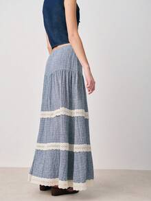 Nöista High Waist Long Skirt In Blue Checks With 3 Contrast Lace Trimming Lines. - Multicolor - View 2
