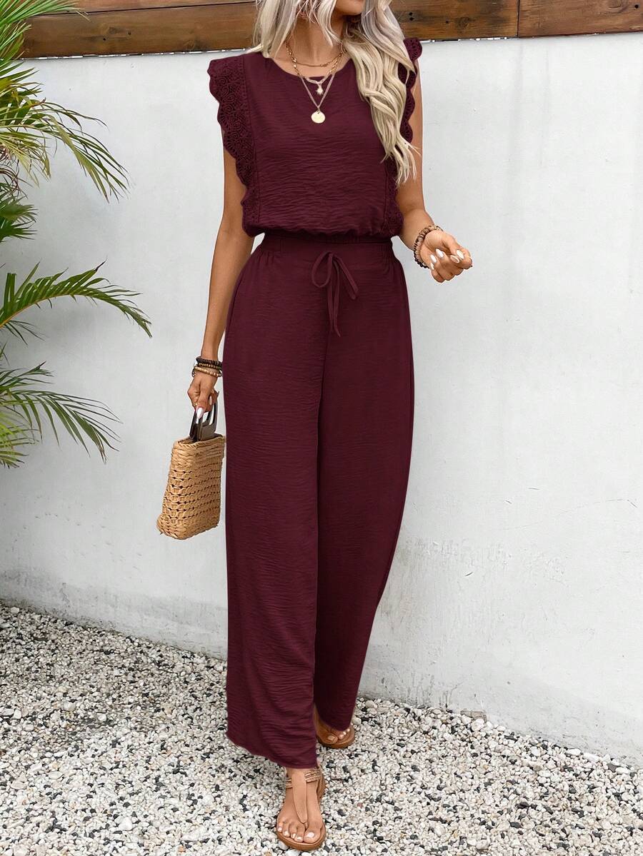 SHEIN Frenchy 女款休閒度假通勤純色蕾絲飾邊上衣與寬腿褲兩件套,春/夏 - 酒紅色 - 查看 1