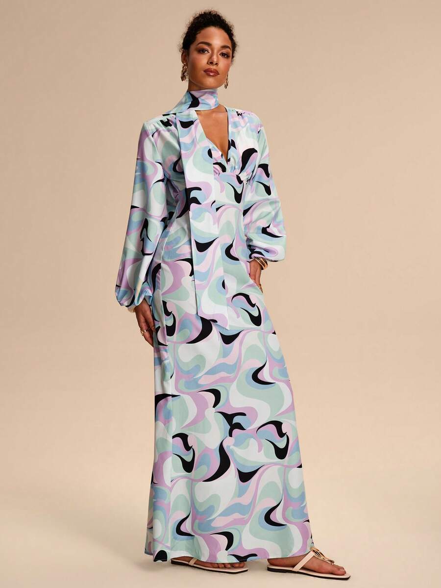 Breezaya 女士几何印花V领泡泡袖褶皱腰身设计优雅长袖连衣裙，多色 - 彩色 - 查看 1