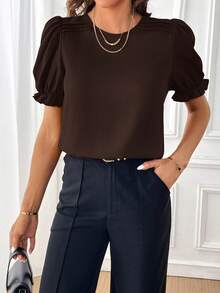SHEIN Essnce Kemeja Lengan Pendek Wanita Warna Polos Kerah Bulat Kasual Serbaguna untuk Berpergian - Coffee Brown - View 6