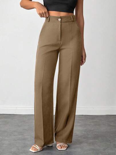 SHEIN Calça feminina de tamanho pequeno, cor sólida, cintura alta e perna reta, ideal para o dia a dia.