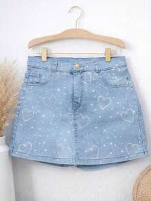 Falda Short de Mezclilla Stretch con Aplicación de Corazones en Brillos. - Lavado ligero - Ver 5